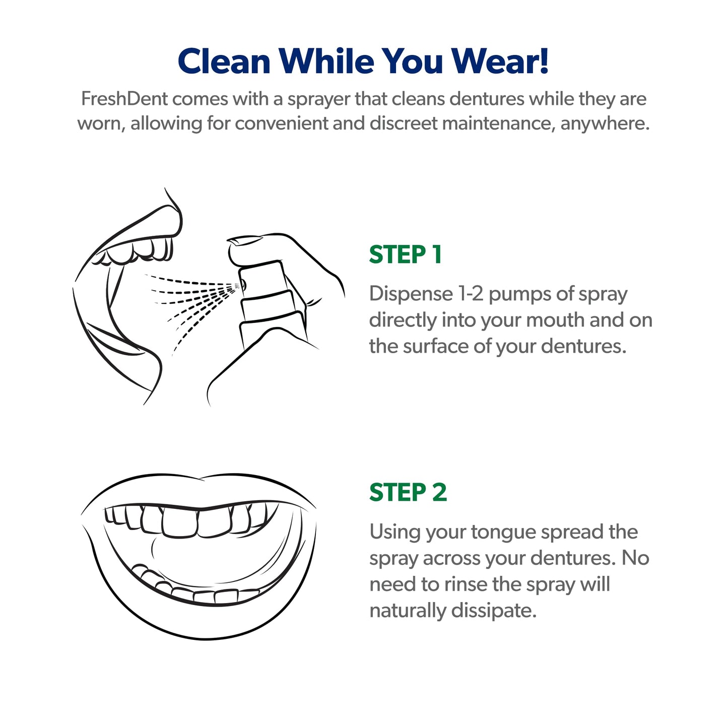 EverSmile FreshDent Denture and Partial Denture Cleaner + Teeth Whitening Spray and Foam– Travel Size Alternative to Cleaning Tablets That Eliminates Bacteria and Fights Bad Breath – 50ml + 10ml (2pk)