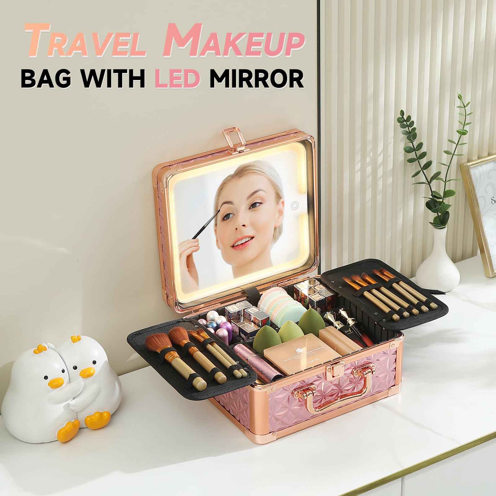 Leeora&Leekoo Makeup Box with Lighted Mirror,Portable Makeup Train Case Organizer (Pink)