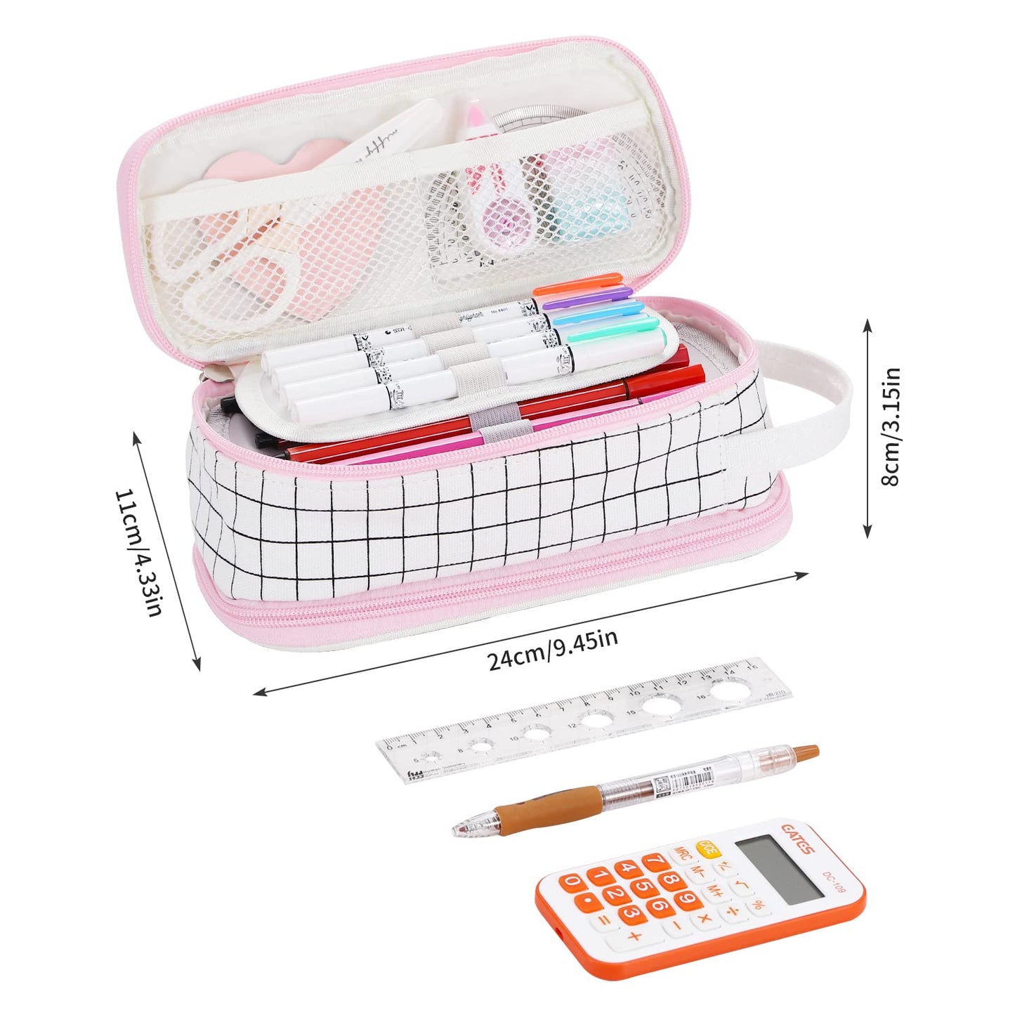 Dugio Large Pencil Case Zipper Pencil Pouch for Girls Boys Adults Kids Aesthetic Pencil Bag Organizer Big Capacity Pen Bag with Handle Portable for School Office White-plaid