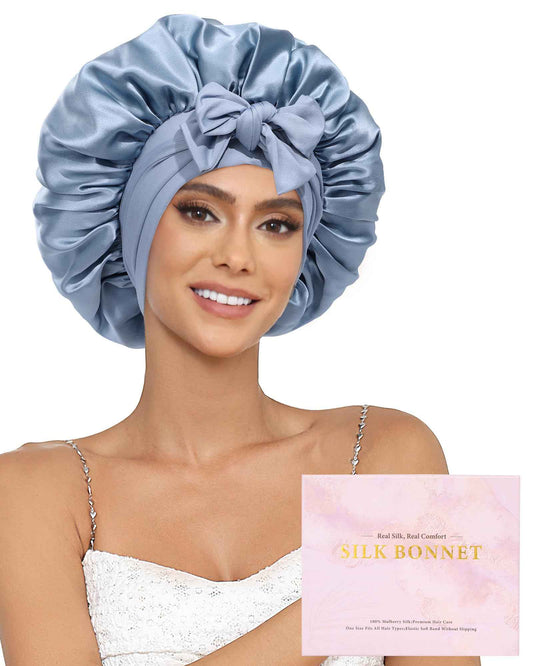 Ufgin 100% Mulberry Silk Bonnet for Sleeping Women Double Layer Silk Hair Bonnet Natural Silk Sleep Cap with Elastic Reversible Hair Wrap (Haze Blue + Sky Blue)