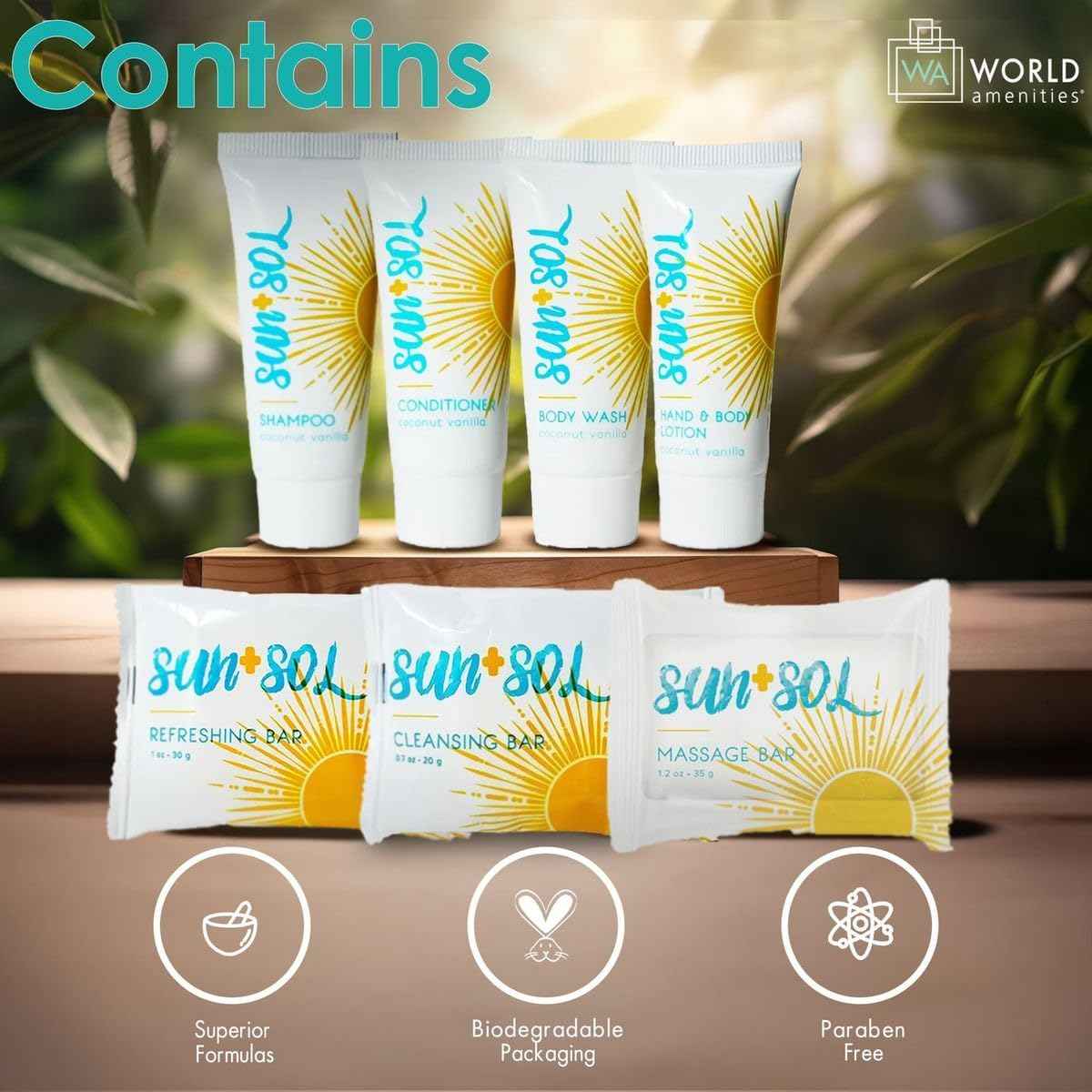 World Amenities - Sun + Sol Mini Size Hotel Toiletries Bathroom Kit | Warm Coconut & Vanilla | Shampoo, Conditioner, Body Wash, Lotion, Cleansing Bar, Refreshing Soap Bar and Moisturizing Massage Bar