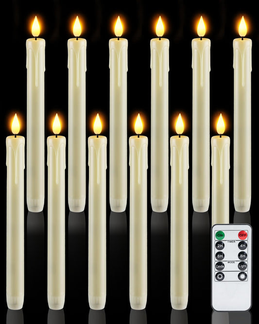 Homemory 12 Pcs Plastic Flameless Taper Candles with Remote Timer Dimmer, Ivory Led Candlesticks with Flickering Flame Light, Lifelike Taper Candles Battery Operated for Indoor Decoration 9.6 Inches