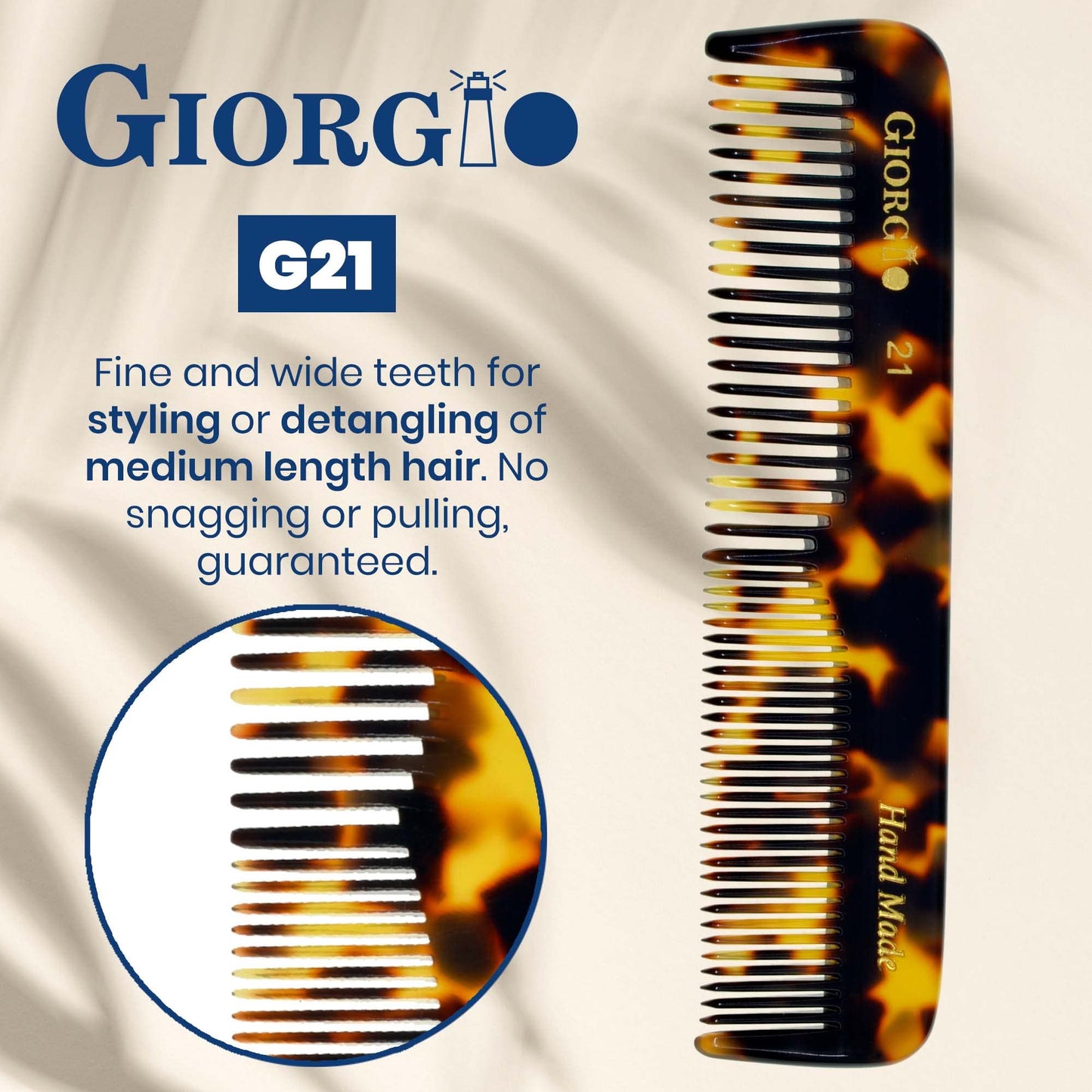 Giorgio G21 Fine and Wide Tooth Pocket Comb - Handmade Styling and Grooming Comb for Hair, Beard, Mustache for Men and Women - Saw Cut, Polished Travel Comb