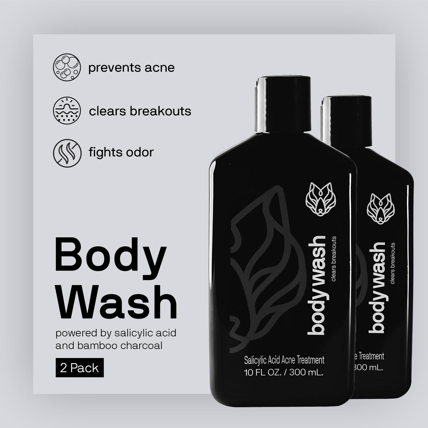 Black Wolf Charcoal Powder Body Wash for Men- 10 Fl Oz, 2 Pack- Charcoal Powder and Salicylic Acid Reduce Acne Breakouts and Cleanse Your Skin- Rich Lather for Full Coverage and Deep Clean