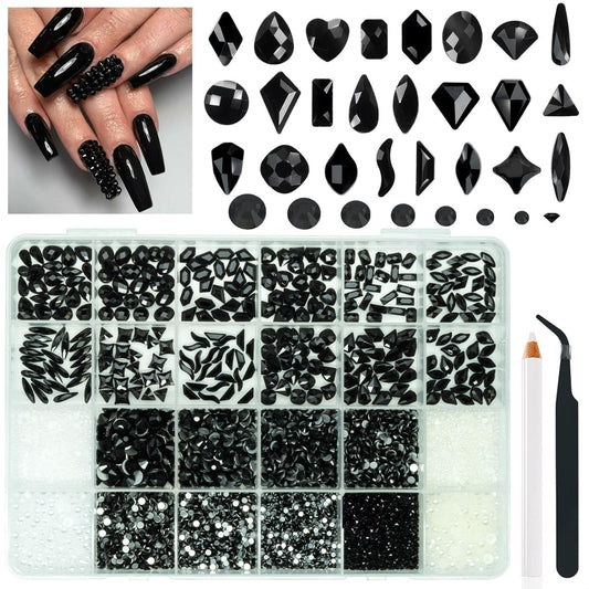 qiipii 6850Pcs Black Nail Rhinestones 288 24-Shapes Jet Black Rhinestones Big Gems +6570 Glass Round Flatback Stones Diamonds Jewels Pearls Nail Charms Nail Art for Nails Face Eyes Makeup Crafts DIY