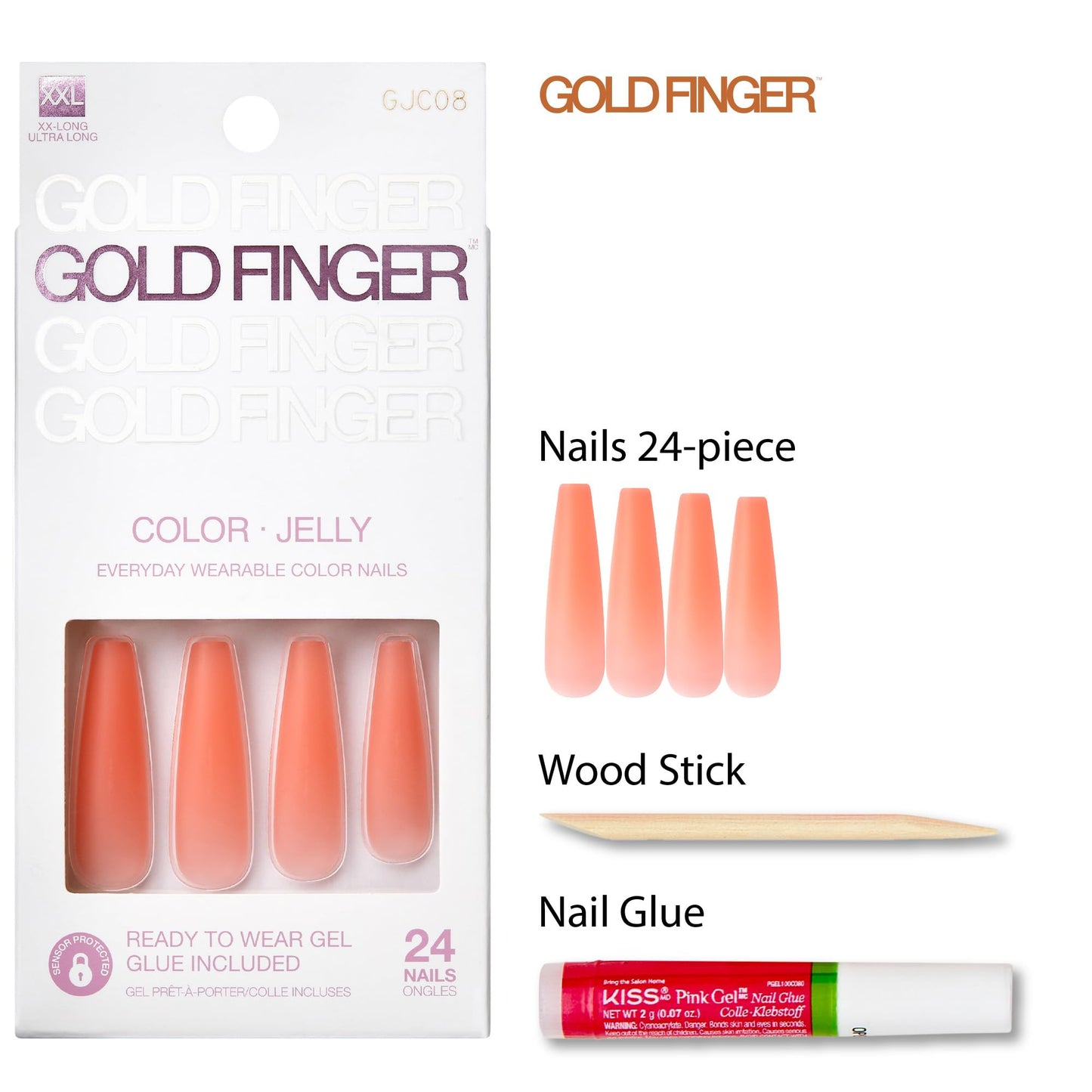 GoldFinger False Nails Kit, Jelly Color Ready to Wear Matte Orange Fake Nails, Manicure Stick and Glue Included, XX-Long Length, Coffin Shape, Long-Lasting Hottest Trend Glue on Nails