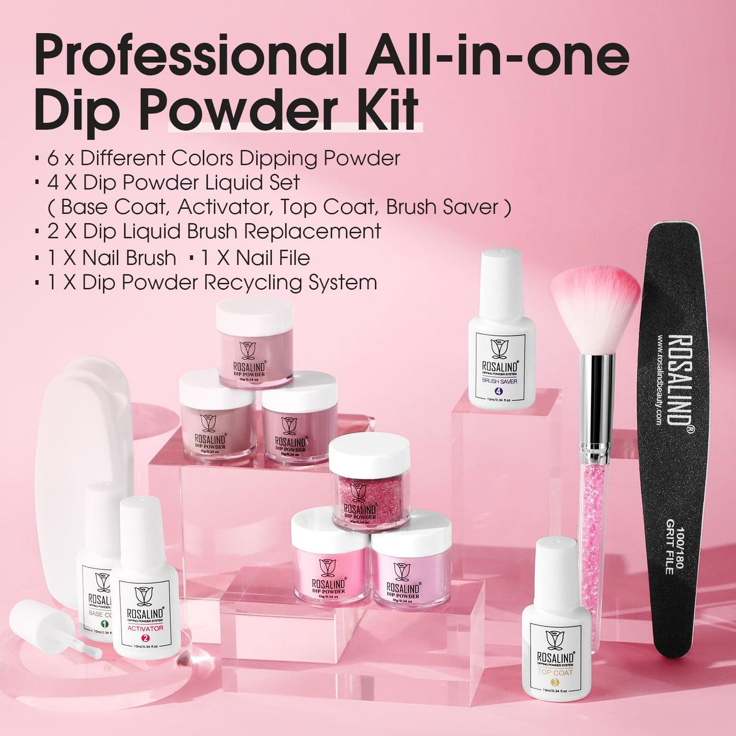 ROSALIND 13PCS Dip Nails Powder Starter Kit, Dip Powder Nail Kit 6 Colors Nail Dip Powder Nail Kit with Base & Top Coat, Brush Restorer and Activator Air Drying