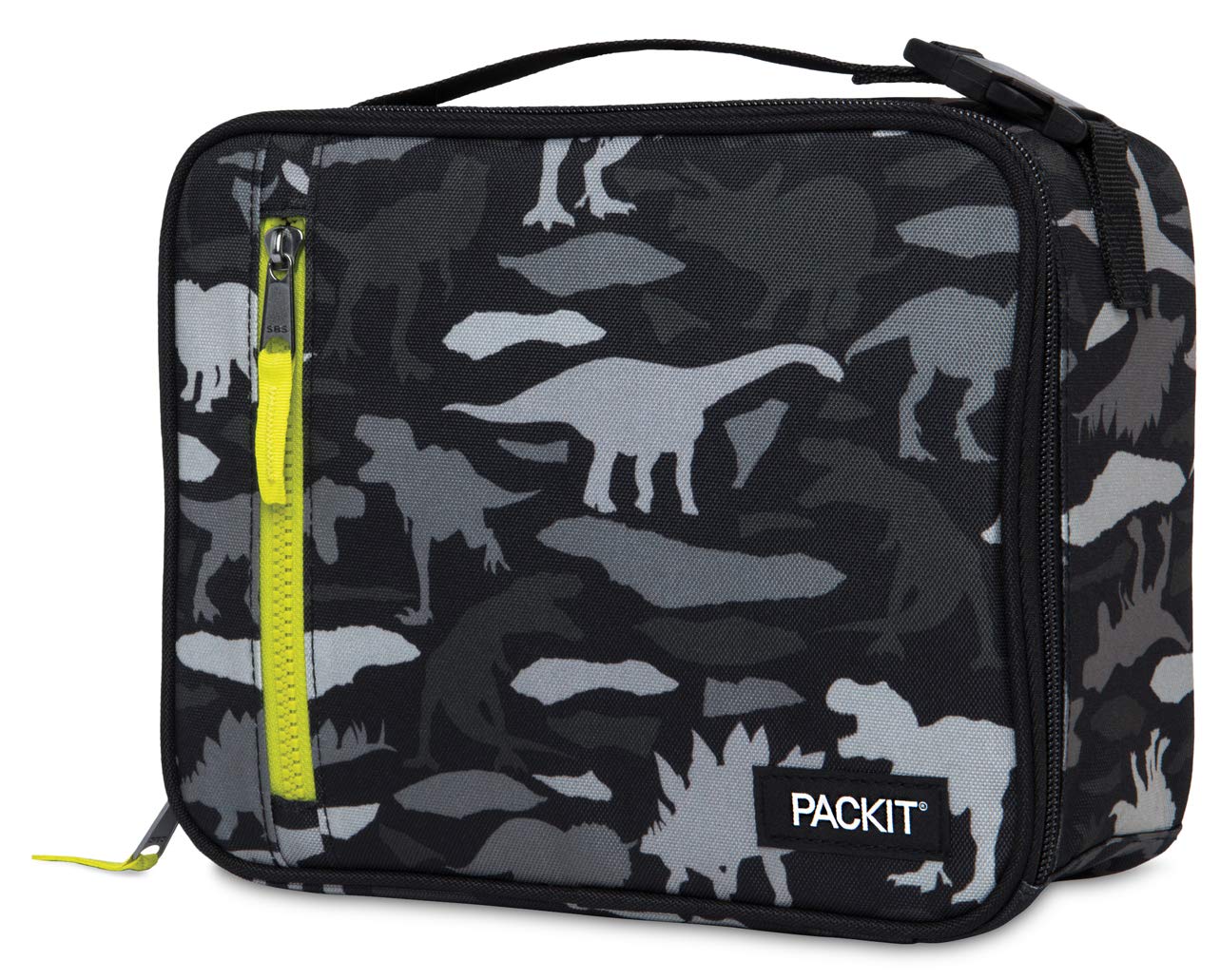 PackIt Freezable Classic Lunch Box, Dino Camo Charcoal, Built with EcoFreeze Technology, Collapsible, Reusable, Zip Closure With Zip Front Pocket and Buckle Handle, Designed for Lunches