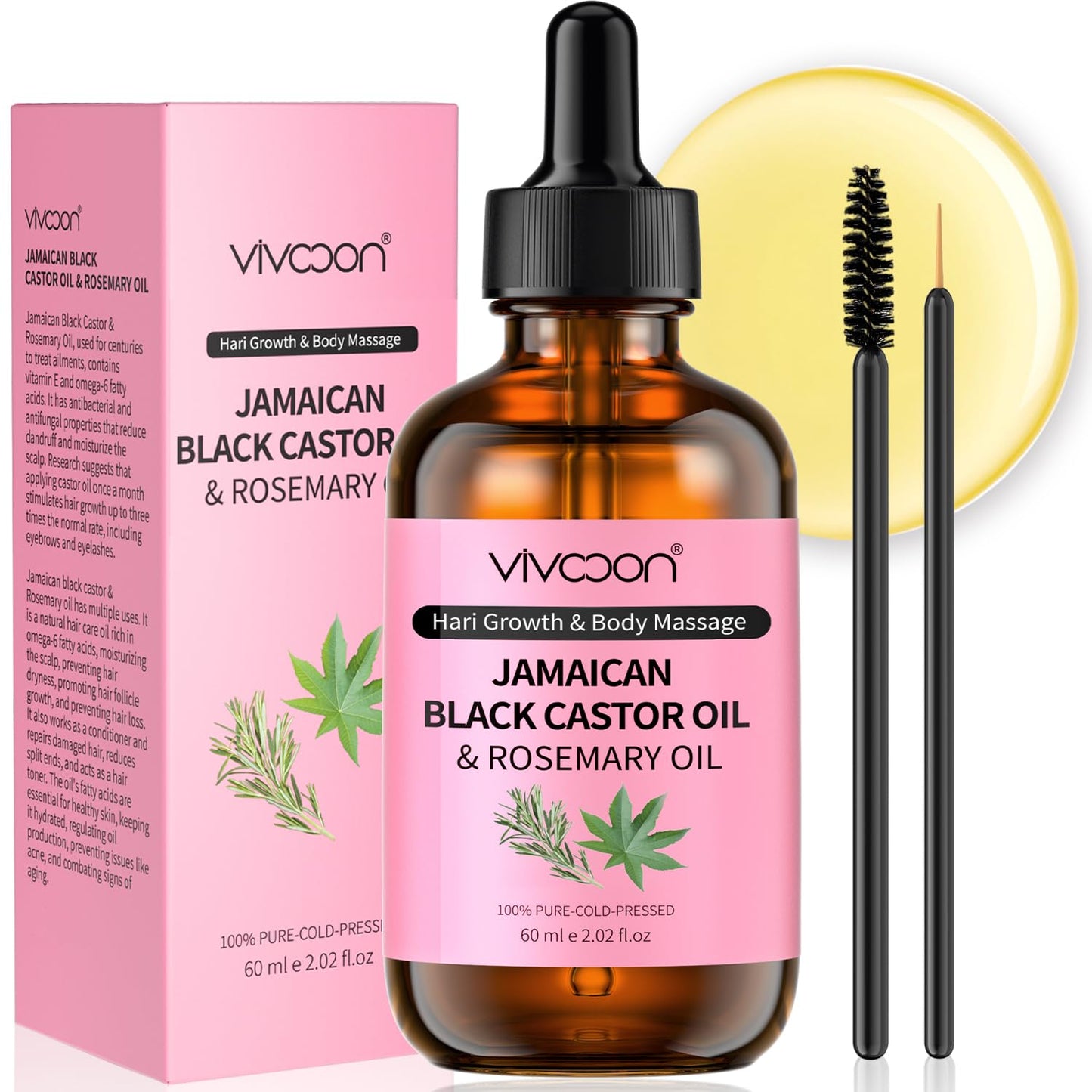 Vivccon Jamaican Black Castor Oil with Rosemary, Black Castor Oil Cold Pressed, Organic Castor Oil for Hair Growth, Eyelashes and Eyebrows Growth, Castor Oil 100% Natural & Pure