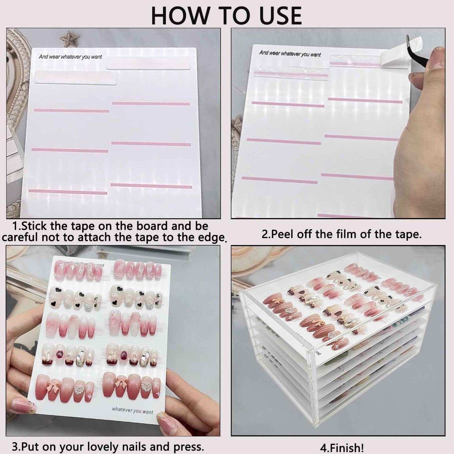 Press On Nail Organizer 6 Layer Acrylic Press On Nail Storage Box Large Nails Art Display Board for Fake Nails Storage Case Nail Display Salon Supplies with Tape