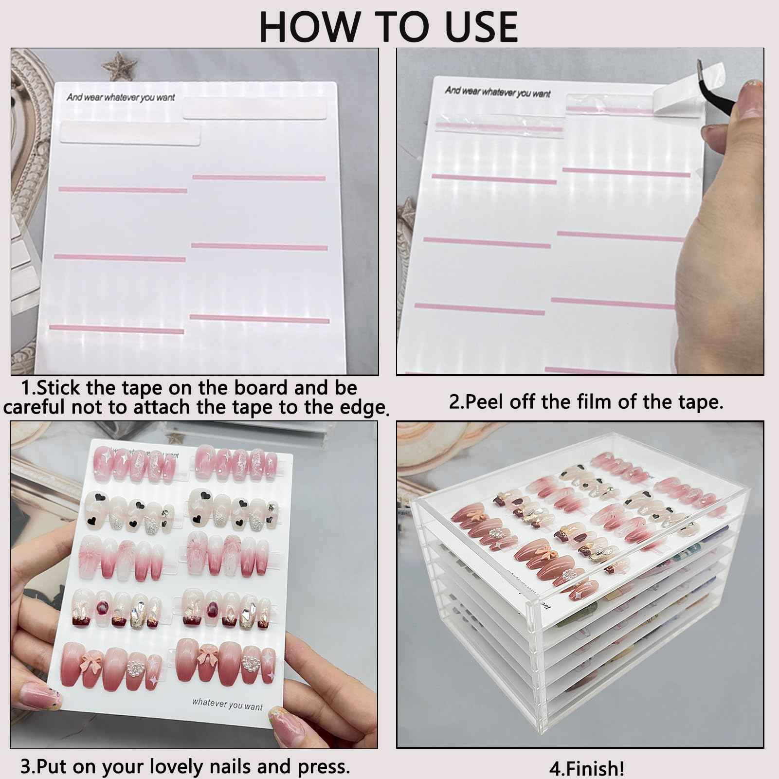 Press On Nail Organizer 6 Layer Acrylic Press On Nail Storage Box Large Nails Art Display Board for Fake Nails Storage Case Nail Display Salon Supplies with Tape