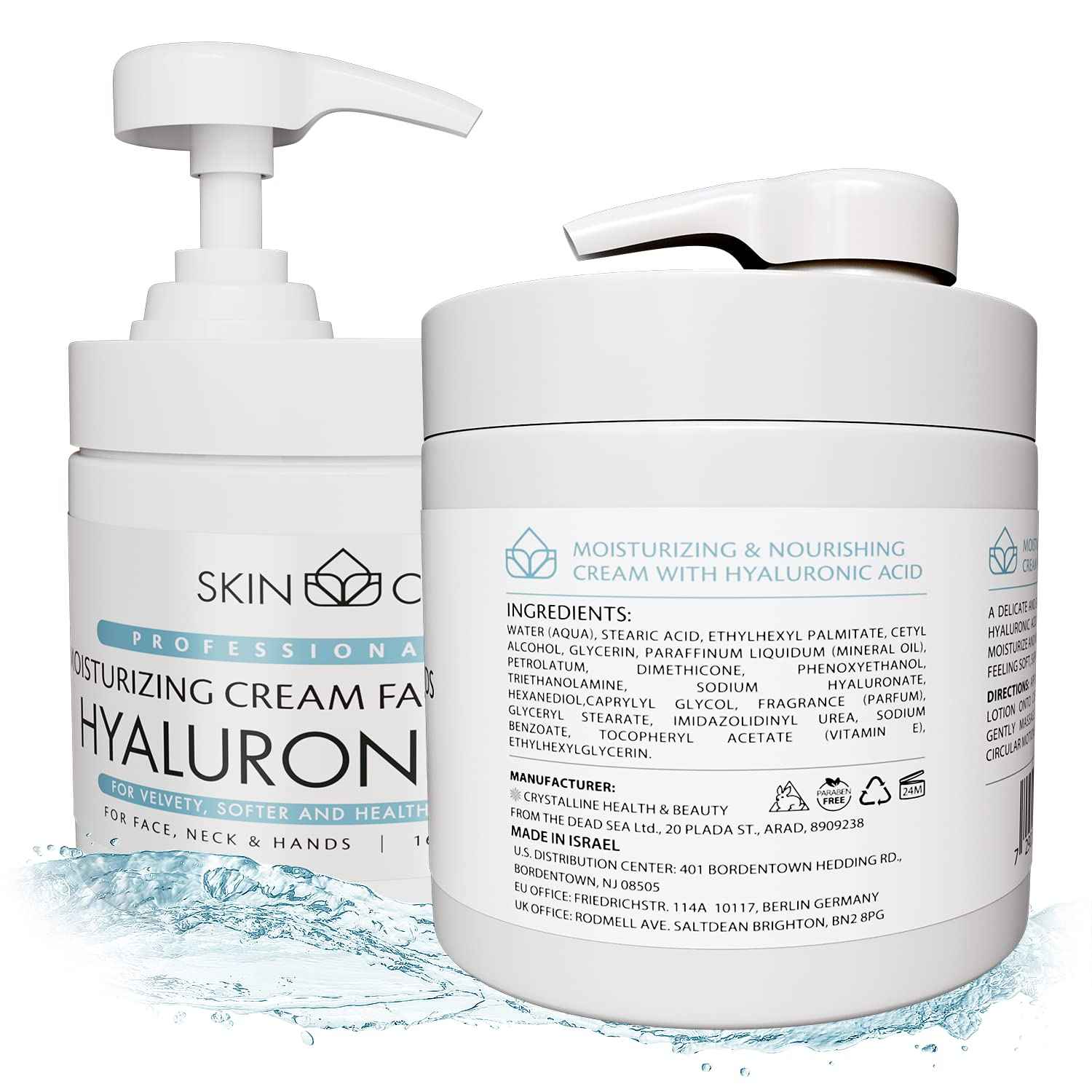 Skin Care Hyaluronic Acid 3-in-1 Moisturizer Face Cream, Neck and Hands - Treatment for Crepey Texture, Wrinkles and Sagging - Daily Lotion for All Skin Types - 16.9 fl. oz.