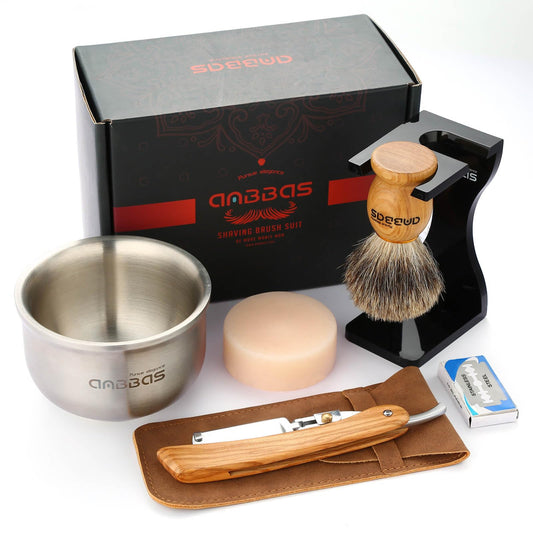 Anbbas Shaving Set with Badger Brush,Stand and Bowl,Shaving Soap,Straight Razor with Bag,10pcs Blades,Shaving Kit for Men