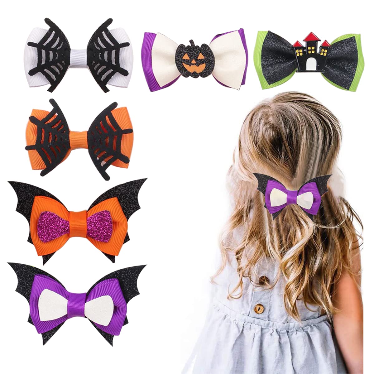 Aaiffey 6Pcs Halloween Hair Bows Clip Halloween Hair Accessories Headdress Pumpkin Hair Pins Ghost Hair Barrette Spider Hair Clips Girls Festive Parties