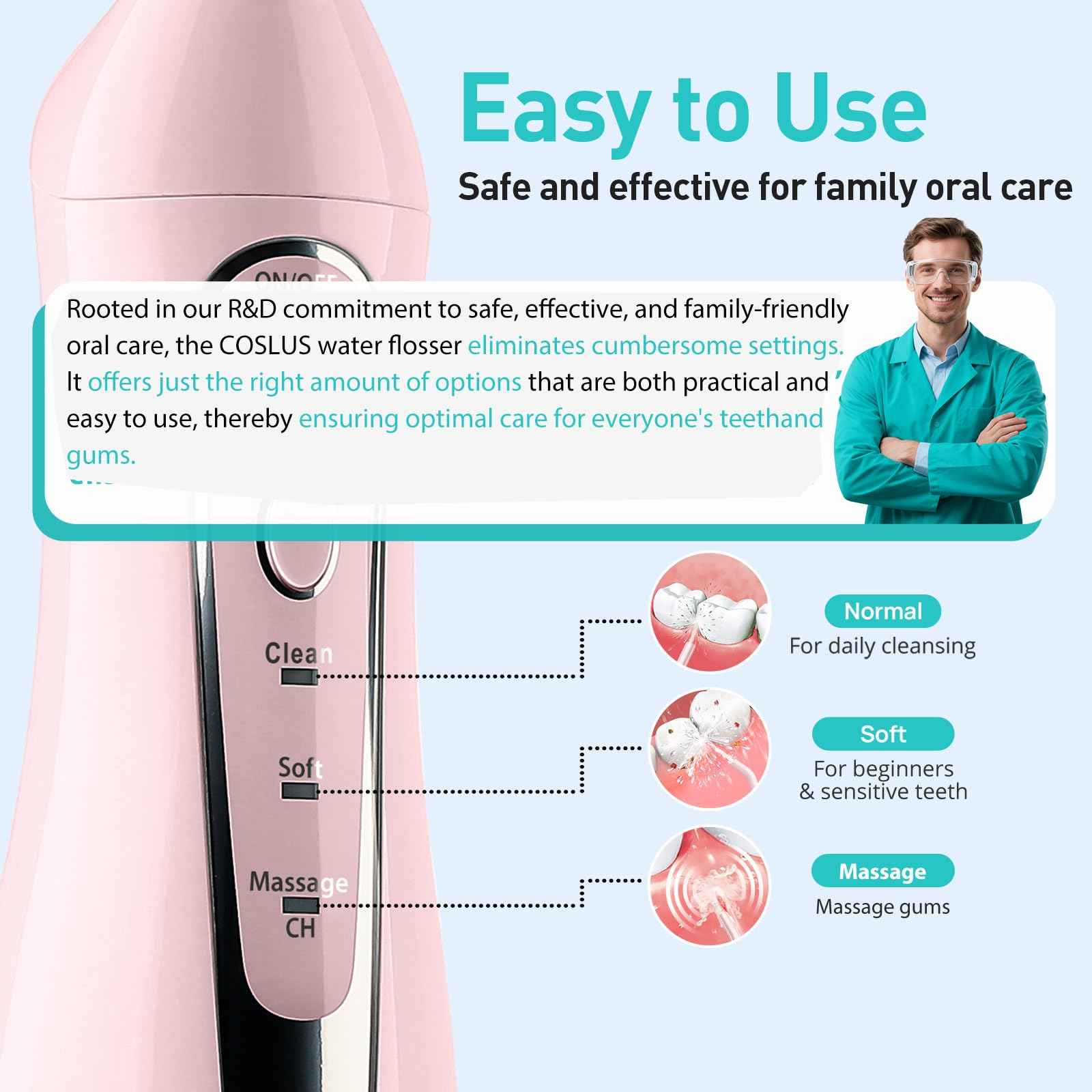 COSLUS Water Dental Flosser Teeth Pick: Portable Cordless Oral Irrigator 300ML Rechargeable Travel Irrigation Cleaner IPX7 Waterproof Electric Flossing Machine for Teeth Cleaning C20(F5020E) Pink