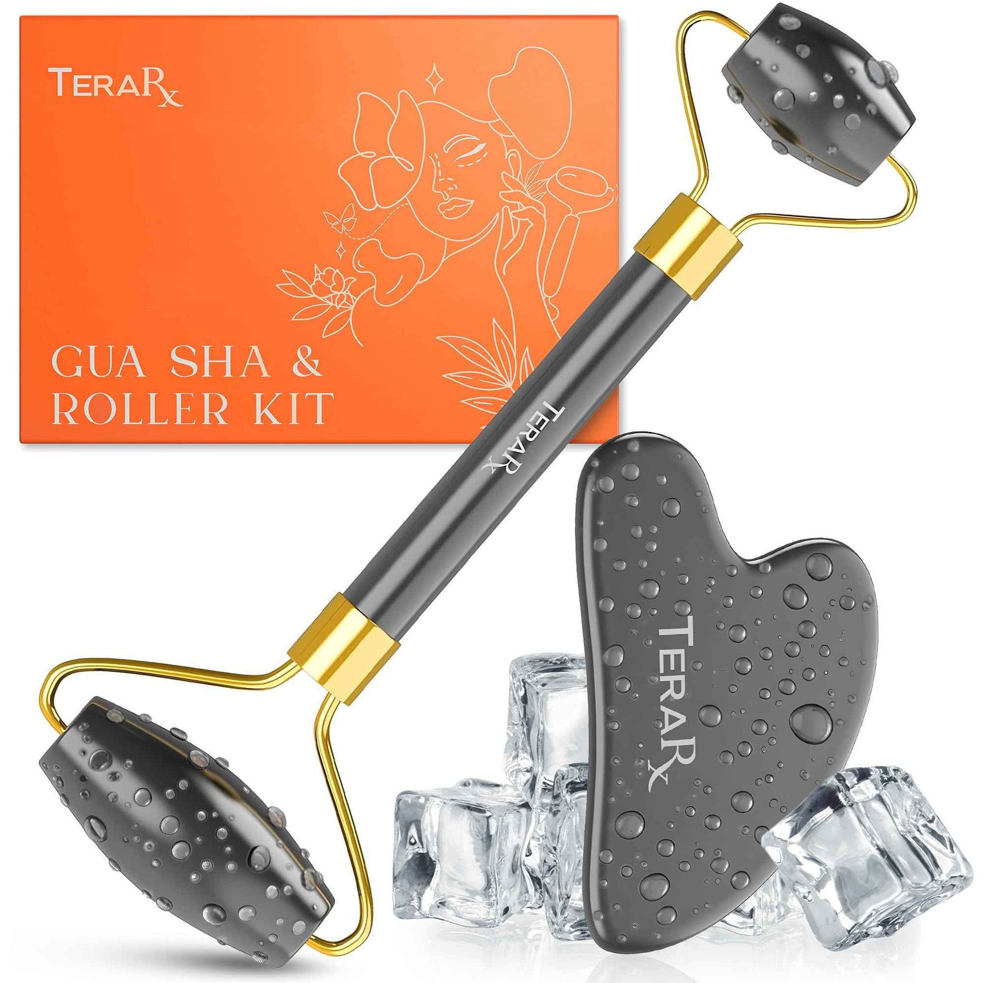 TeraRX® Terahertz Gua Sha & Facial Roller Set – 100% Authentic Terahertz Stone Face Roller to Reduce Puffiness, Improve Wrinkle Lines & Relieve Facial Tension – Perfect for Eye Massage and Relaxation