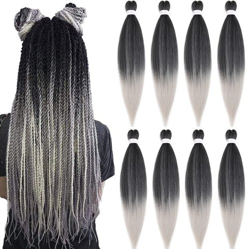 Pre Stretched Braiding Hair Extensions 20 Inch 8 Packs Professional Synthetic Braid Hair for women Crochet Braids Soft Yaki Texture Hot Water Setting(20",mixed black & sliver)