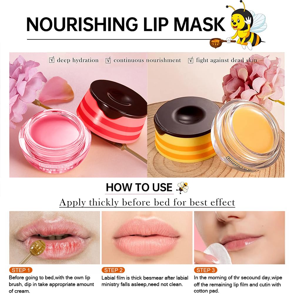 Bee Lip Balm Honey Pot,Strawberry & Honey Moisturizing Propolis Lip Mask,Hydrating Prevention Dry and Cracked Lip Scrubs Exfoliator,Lip Sleep Mask Reduces Lip Lines Lip Skin Care Products