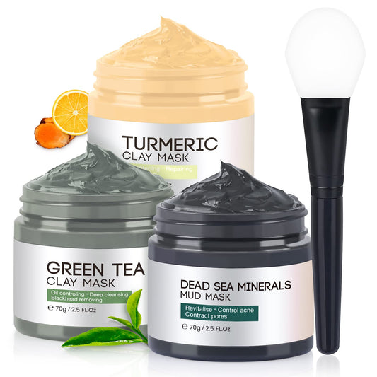 Turmeric Vitamin C Clay Face Mask, Dead Sea Mud Mask, Green Tea Clay Mask, Facial Skin Care Sets for Women&Men, Facial Mask for Oil Control, Deep Cleaning, Reduce Blackheads and Acne/2.5 OZ each