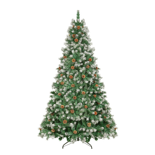 6ft Flocked Christmas Tree with Decorations (900 PVC Branch Tips & 56 Pine Cones), Metal Hinges & Base, Green and White Slight Pre-Decorated Artificial Xmas Tree 6 feet | Add Holiday Touch