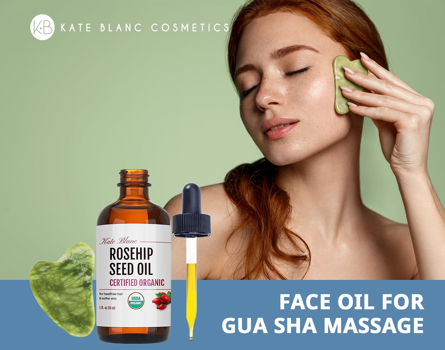 Kate Blanc Cosmetics Rosehip Oil for Face with Jade Gua Sha Stone (1oz, Organic, Pure, Cold Pressed) Rosehip Seed Face Oil for Gua Sha Massage