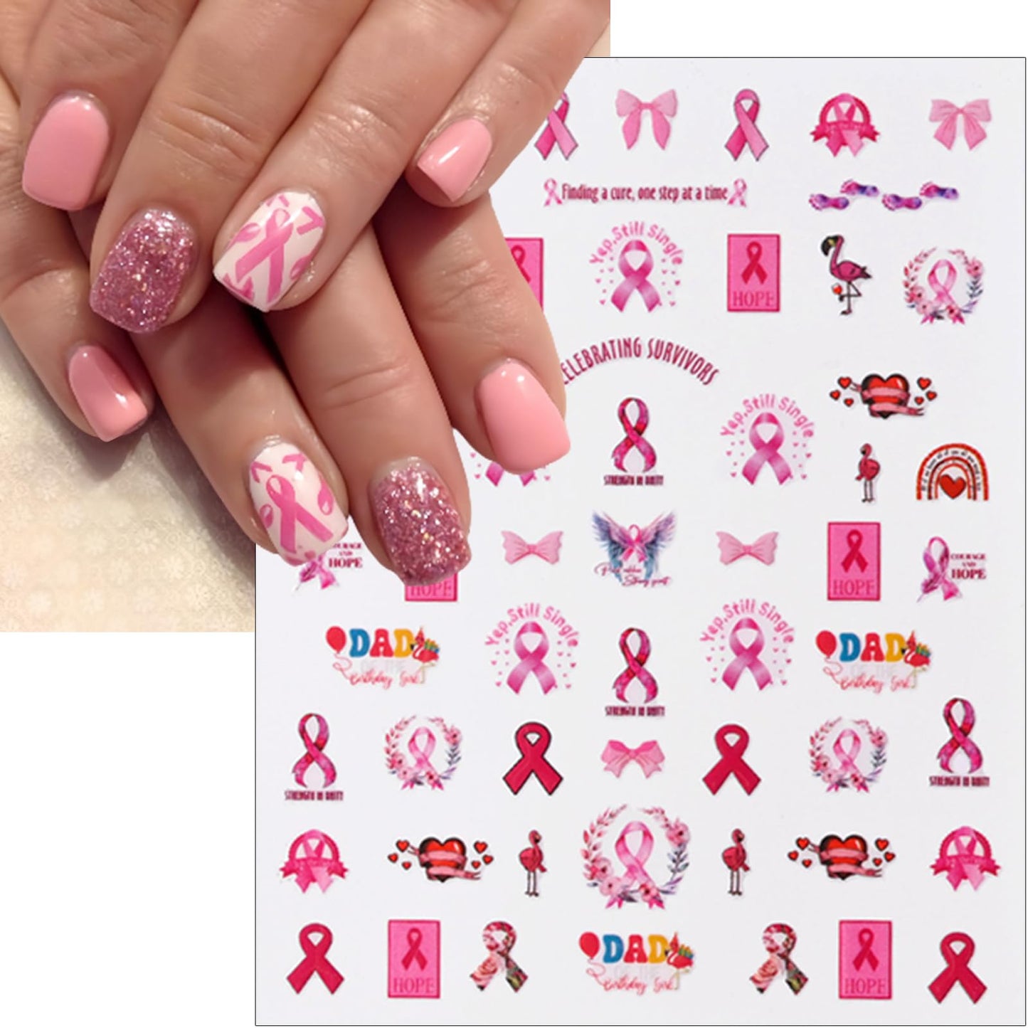 Breast Cancer Nail Art Stickers 3D Self-Adhesive Nail Decals Pink Ribbon Nail Stickers Heart Breast Cancer Awareness Nail Design Stickers Nail Supplies for Women Girls DIY Manicure Decoration 6Sheets