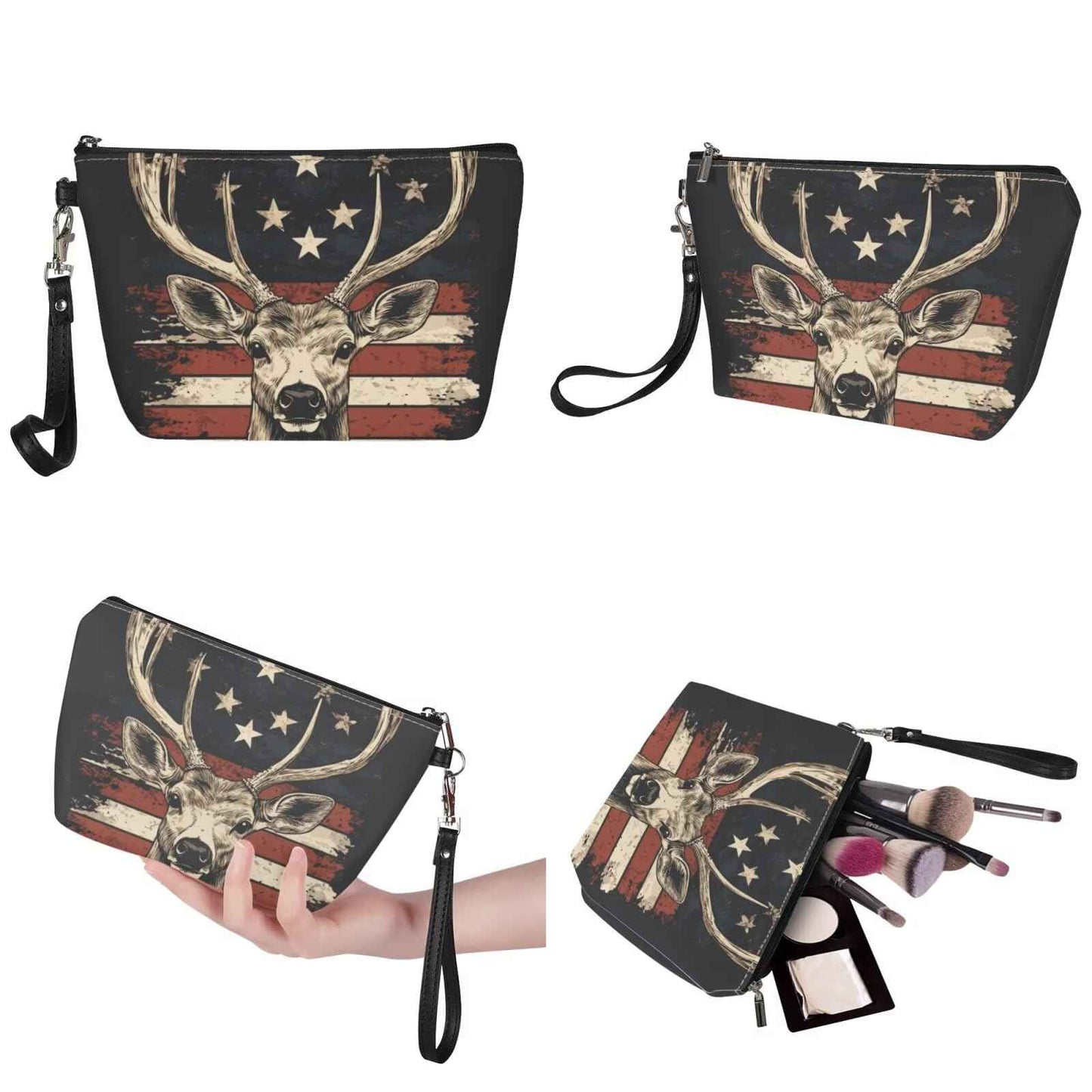 GIFTPUZZ American Flag Deer 3 Pcs Large Handbags for Women with Zipper Travel Wallets, Large Capacity Top-Handle Bags, PU Leather Purse Clutch Bag Portable Cosmetic Case