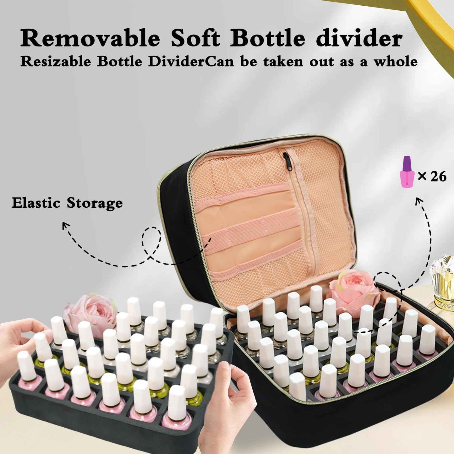 LIVEBAY Nail Polish Organizer Bag, Double-Layer Nail Supplies Organizer Holds 30 Bottles & Nail Lamp, Professional Nail Kit Storage Carrying Case (Black)