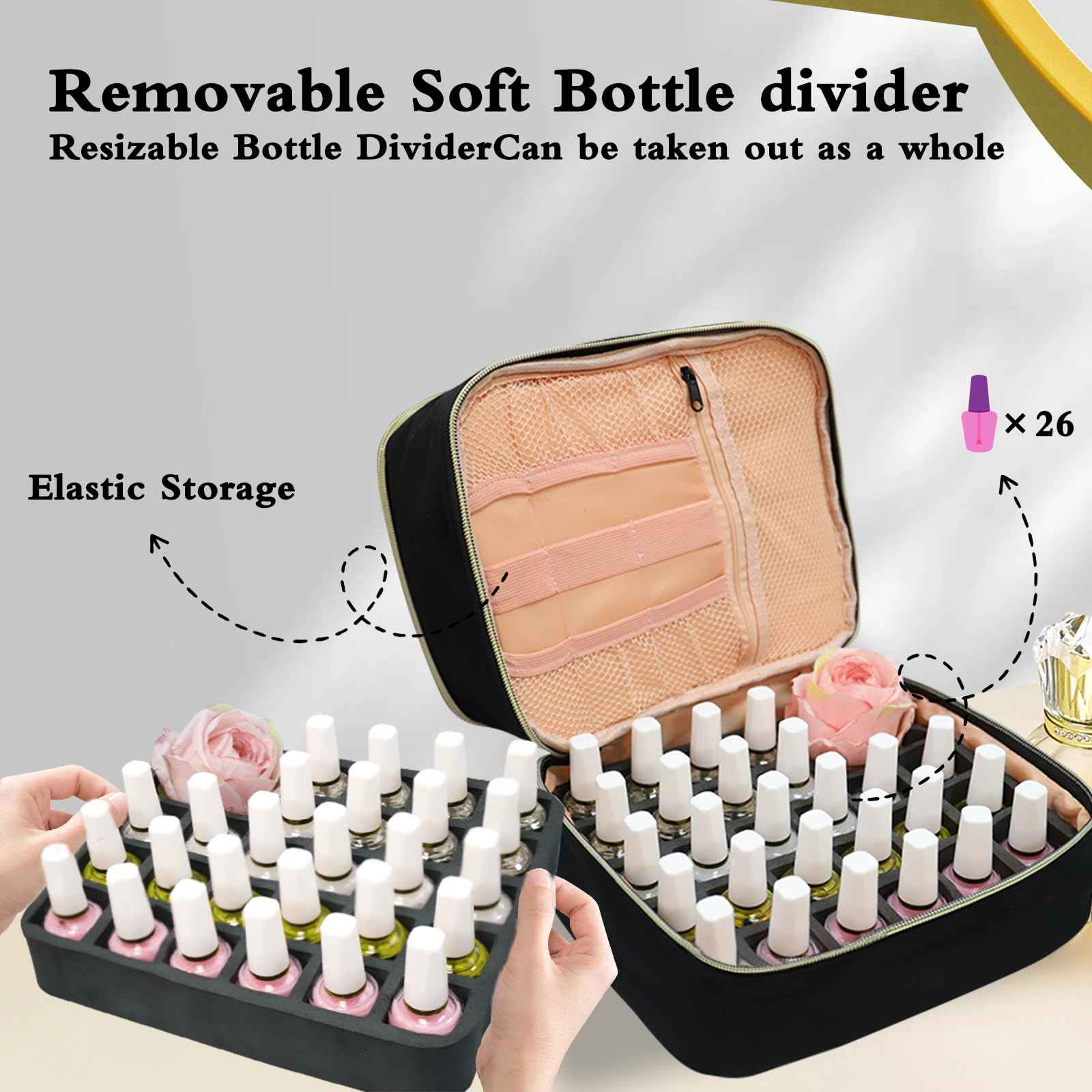 LIVEBAY Nail Polish Organizer Bag, Double-Layer Nail Supplies Organizer Holds 30 Bottles & Nail Lamp, Professional Nail Kit Storage Carrying Case (Black)