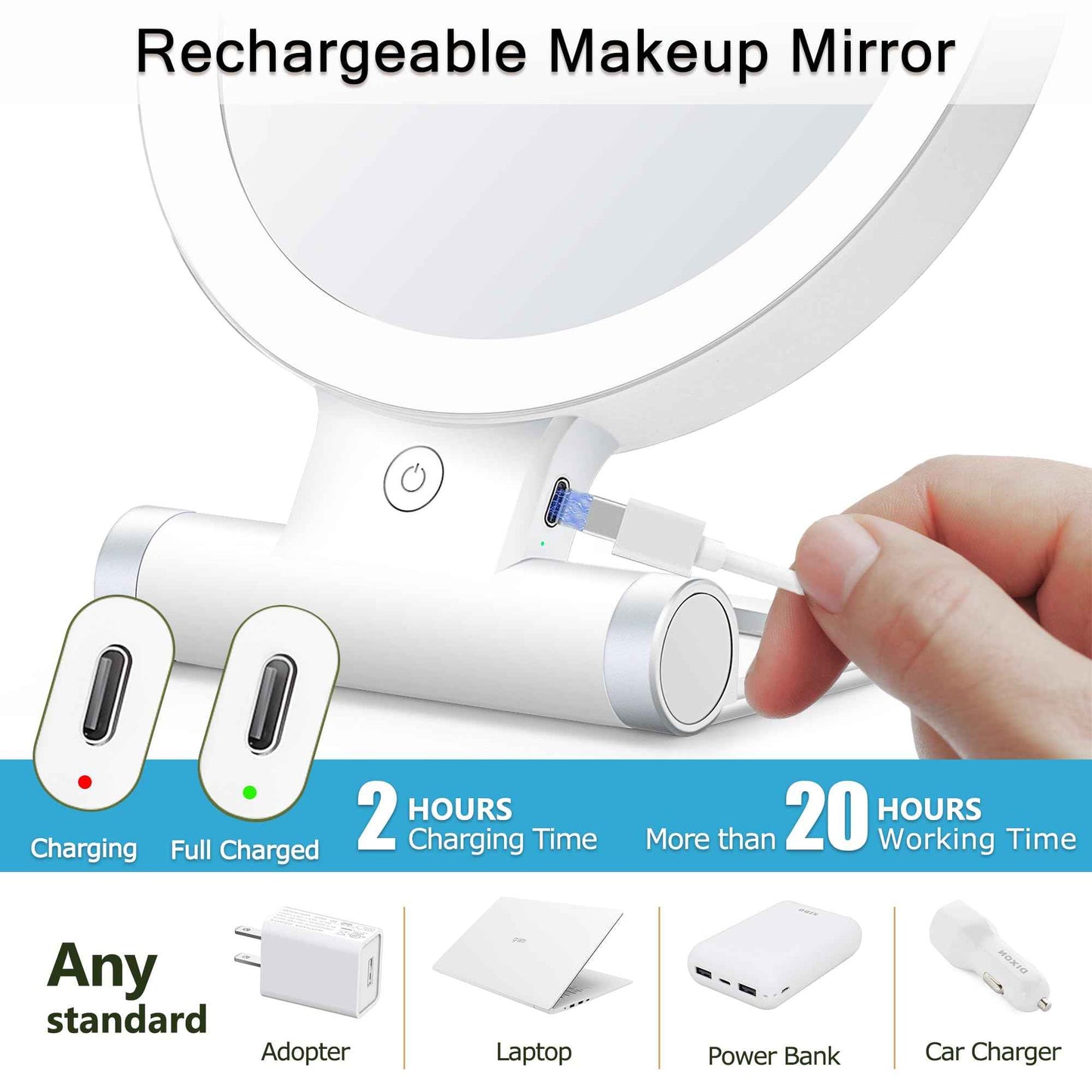 MIYADIVA 20X Magnifying Mirror with Light, Travel Magnifying Mirror, 1X/20X Vanity Mirror with Light, Adjustable Handle Travel Makeup Mirror, Touch Switch Light up Mirror for Plucking Eyebrows