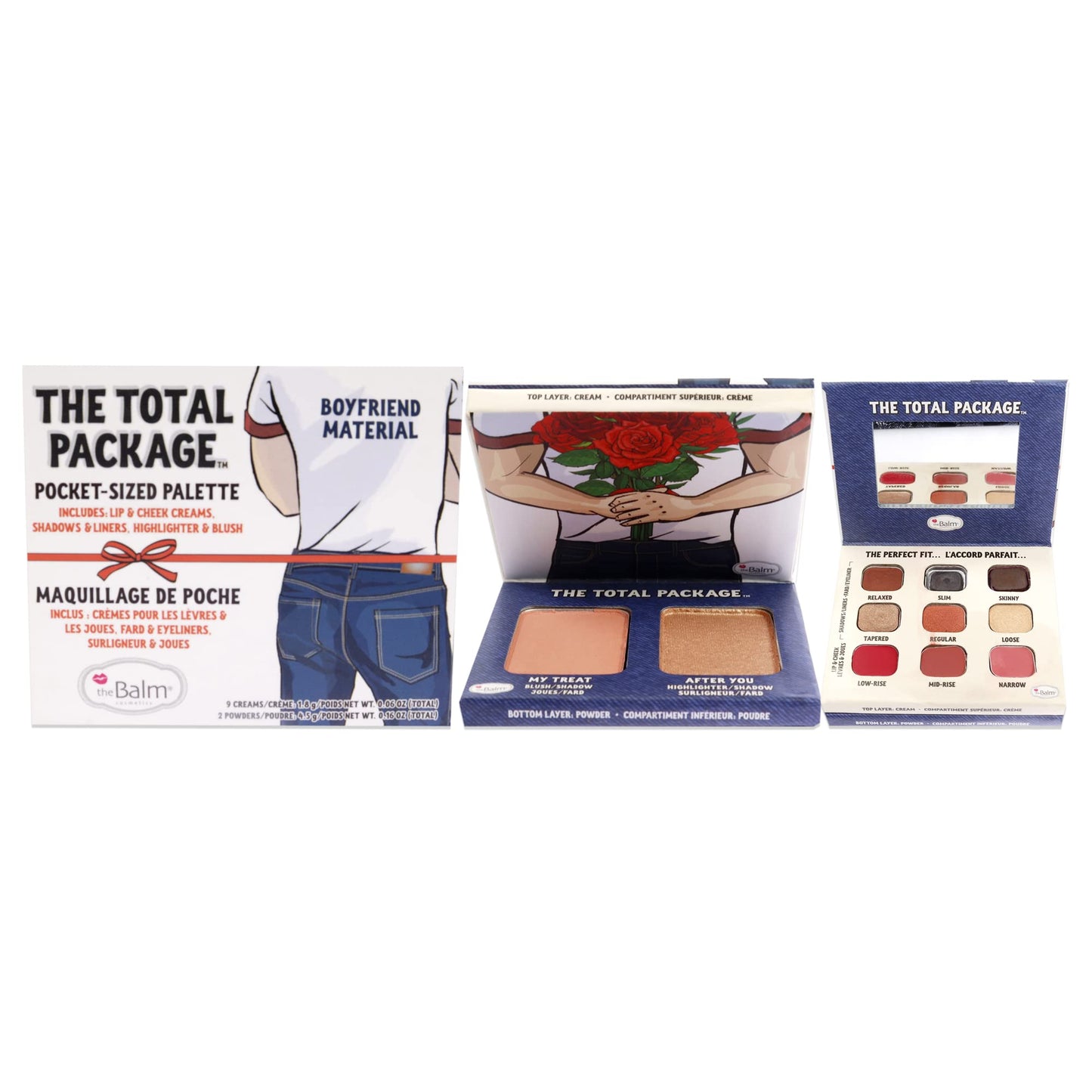 theBalm The Total Package Denim (Boyfriend Material), Highlighter Makeup Kit, Multi-tasking palette, 9 Cream Pans, 2 Powders, Multicolor, 1.6 ounces