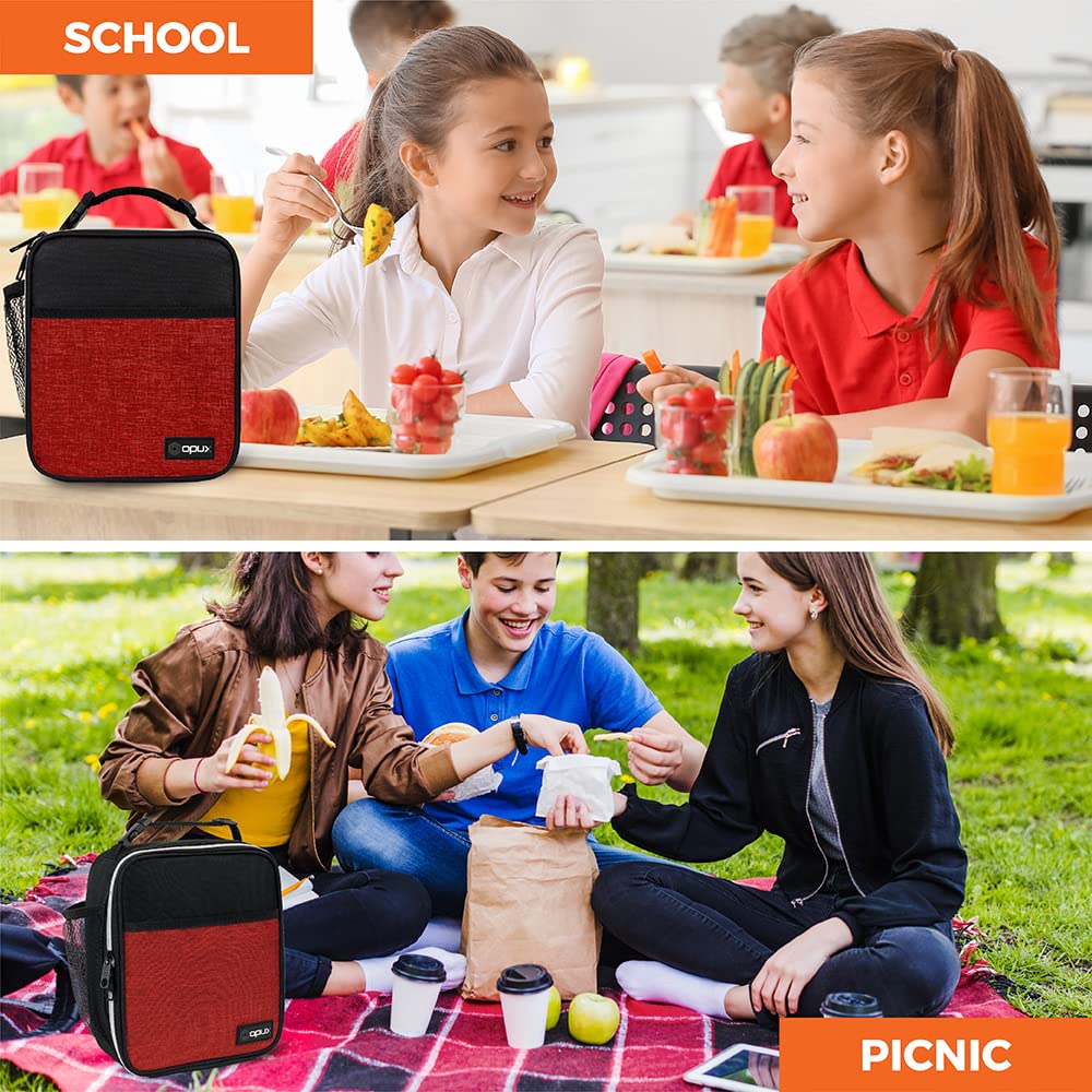 OPUX Premium Insulated Lunch Box, Soft School Lunch Bag for Kids Boys Girls, Leakproof Small Lunch Pail Men Women Work, Reusable Compact Cooler Tote Lunchbox for Office Adult, Heather Red