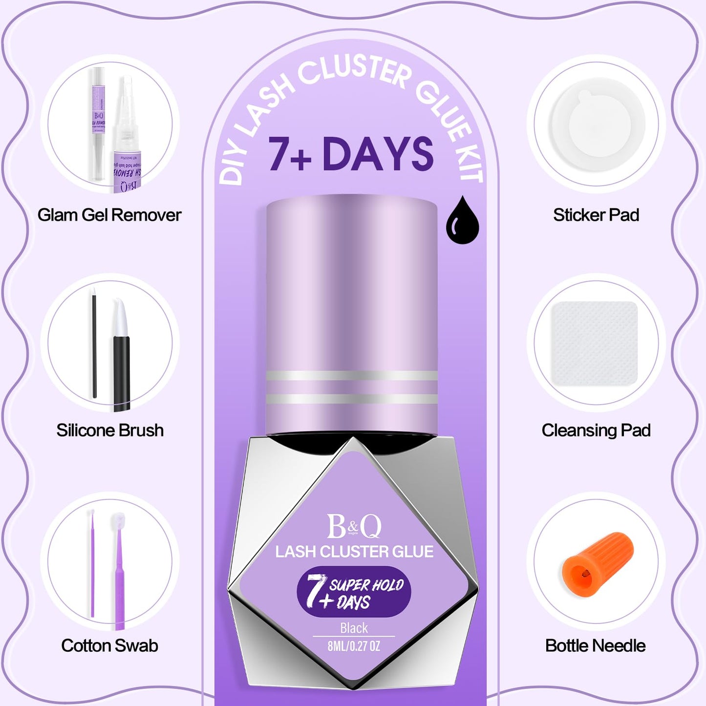 B&Q Lash Glue for Eyelash Clusters 8ML Eyelash Glue Super Lasting 7+ Days Eyelash Extension Glue Kit Waterproof Lash Extension Glue for Lash Clusters Black Lash Cluster Glue Fast Drying at Home(CNDJ)