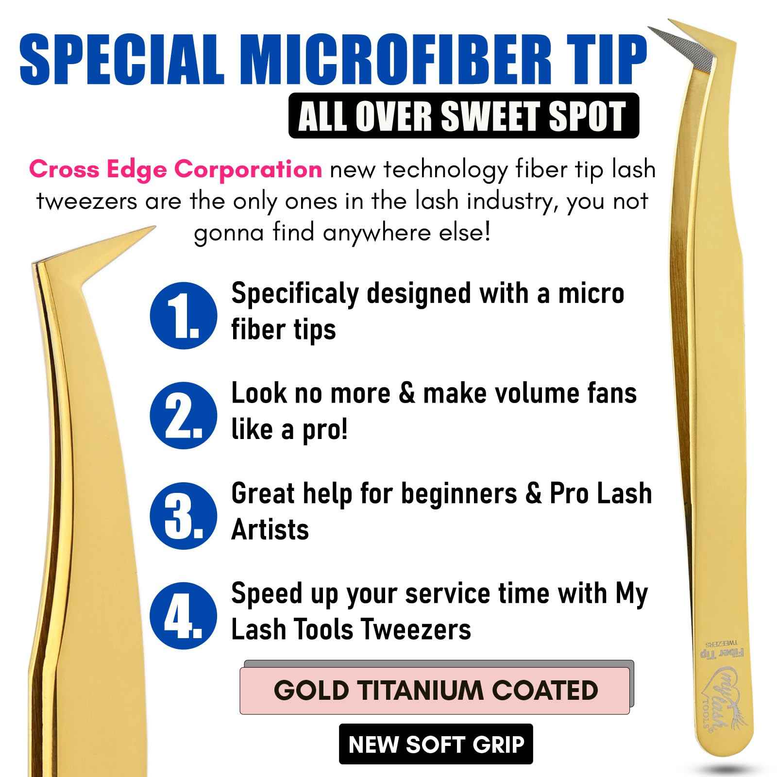 My Lash Tools Fiber Tip Lash Tweezers for Eyelash Extensions Pro Tweezer for Volume Lashes Japanese Stainless Steel Mink Lashes Fan Making Mega Volume Boot Angled Lashing Tweezers (Gold)