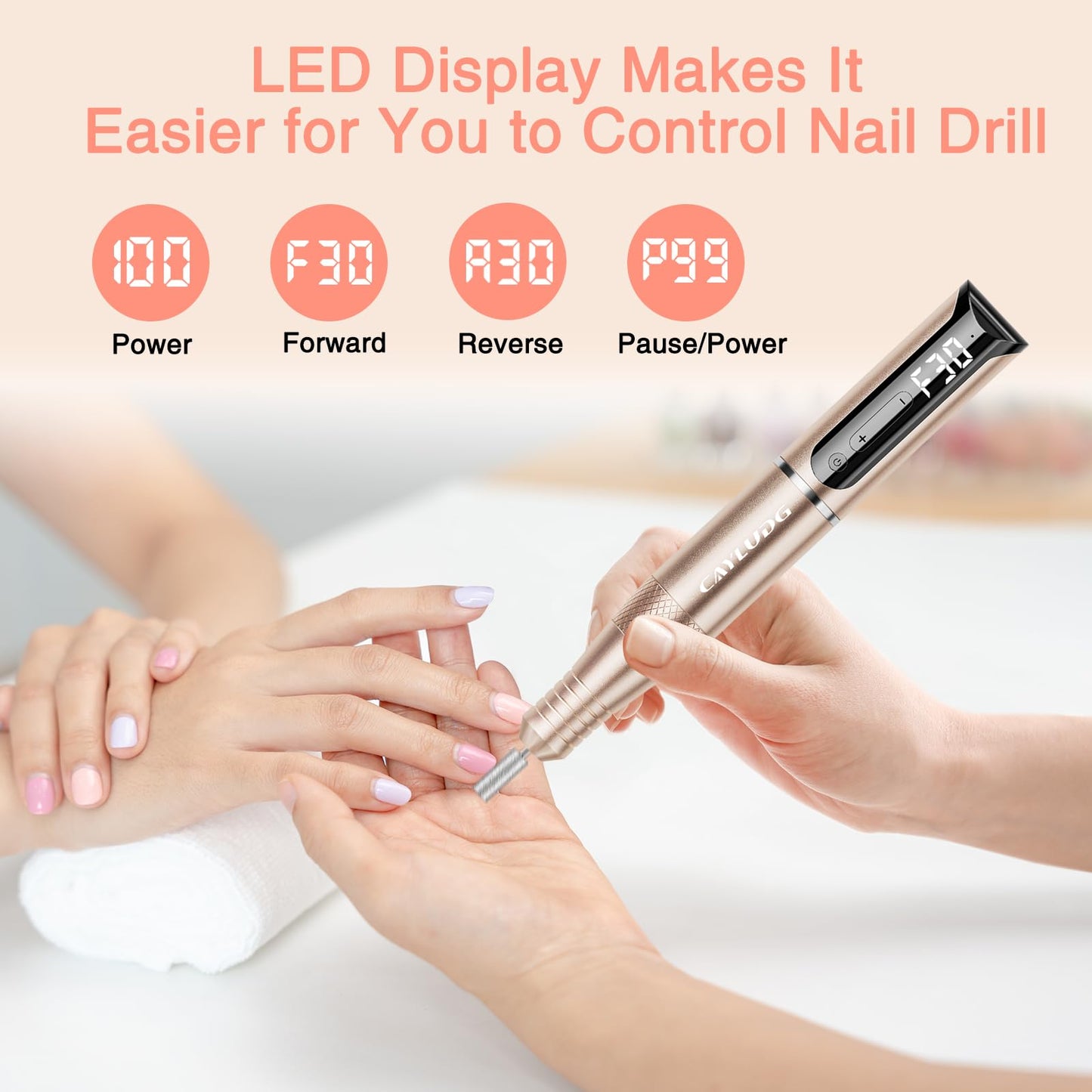 Cayludg Cordless Electric Nail Drill File - Portable Nail Drill Machine for Acrylic Gel Dip Powder Nails, Professional Electric Nail Efile Manicure Pedicure Polishing Tools Kit, Gold