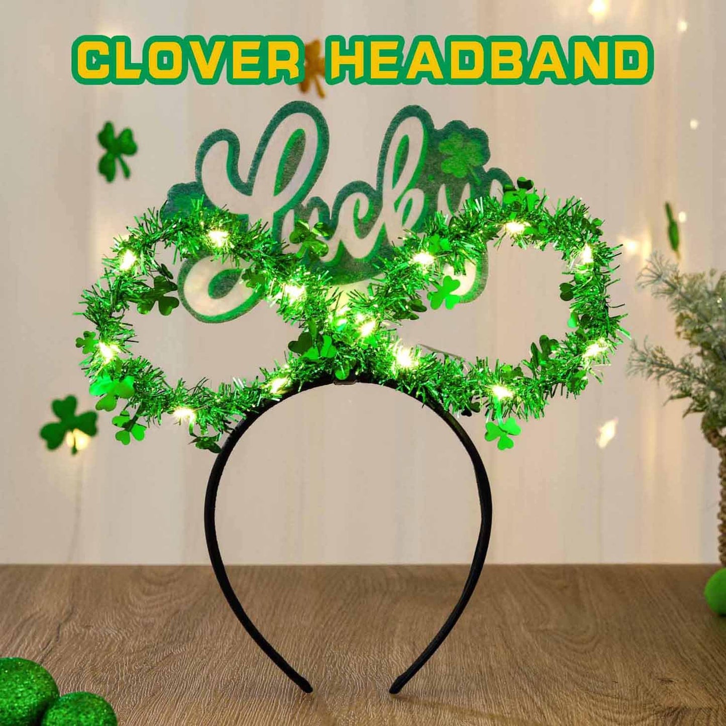 Aksod Light Up St Patricks Day Headband Green Shamrock Headpiece Glitter Lucky Clover Hair Accessories for Women (Style D)