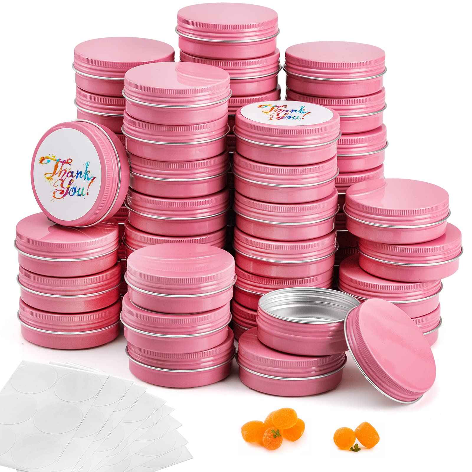 Foraineam 48 Pack 2 oz Screw Top Round Tin Cans with White Labels, Pink Aluminum Cosmetic Sample Containers, Metal Empty Tins Travel Storage Tin Jars for Lip Balm, Salve, Spice, Candy or Crafts