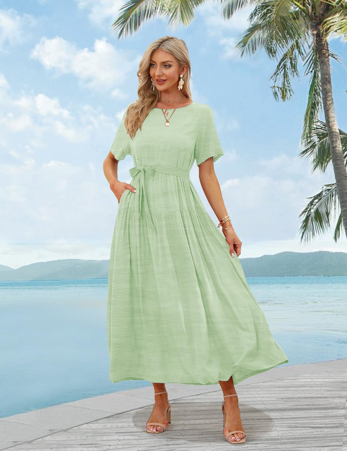 YESNO Women Casual Loose Bohemian Dress with Pockets Short Sleeve Long Maxi Summer Beach Swing Dress (M EJF Solid C Mint Green)