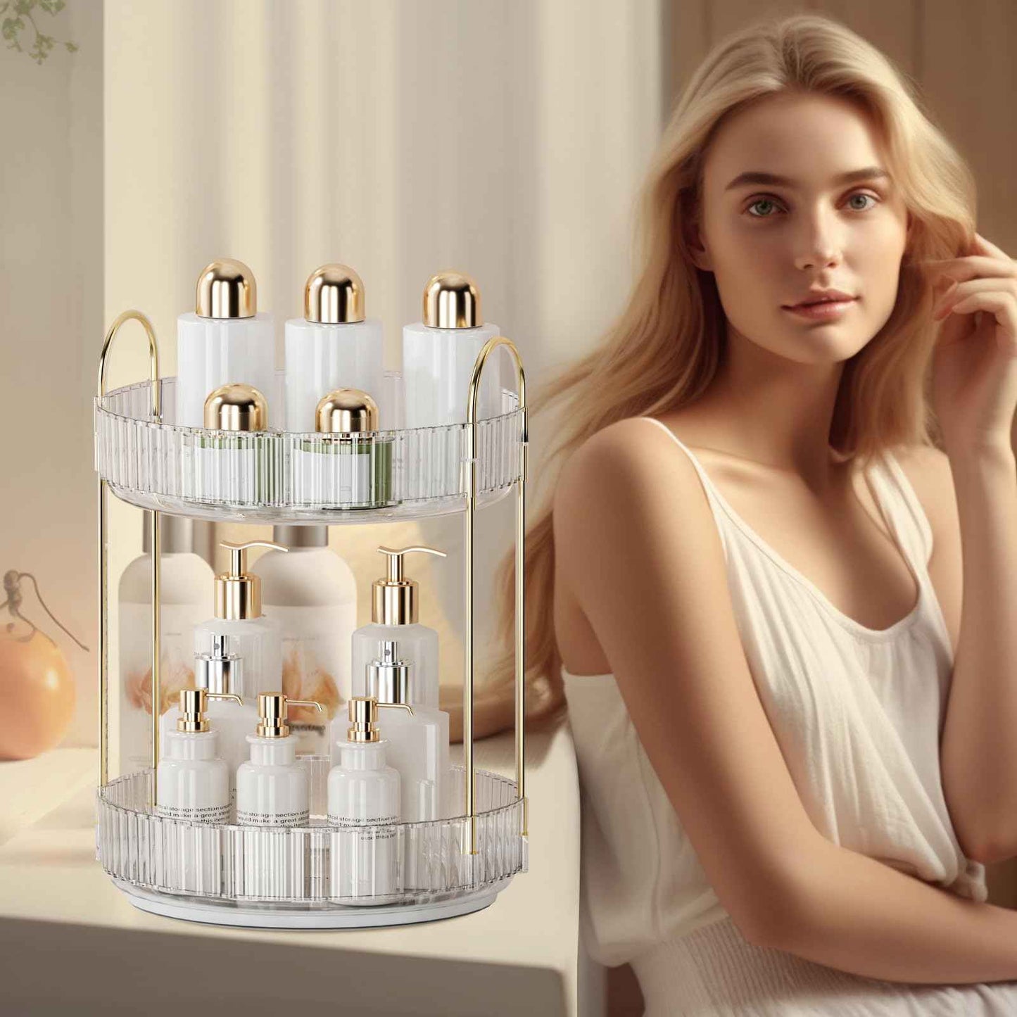 360° Rotating Makeup Organizer for Vanity - 2 Tier Perfume Organizer with Large Capacity - Skincare Organizer for Bathroom Counter - Space-Saving Cosmetic Storage for Dresser Countertop (Clear)