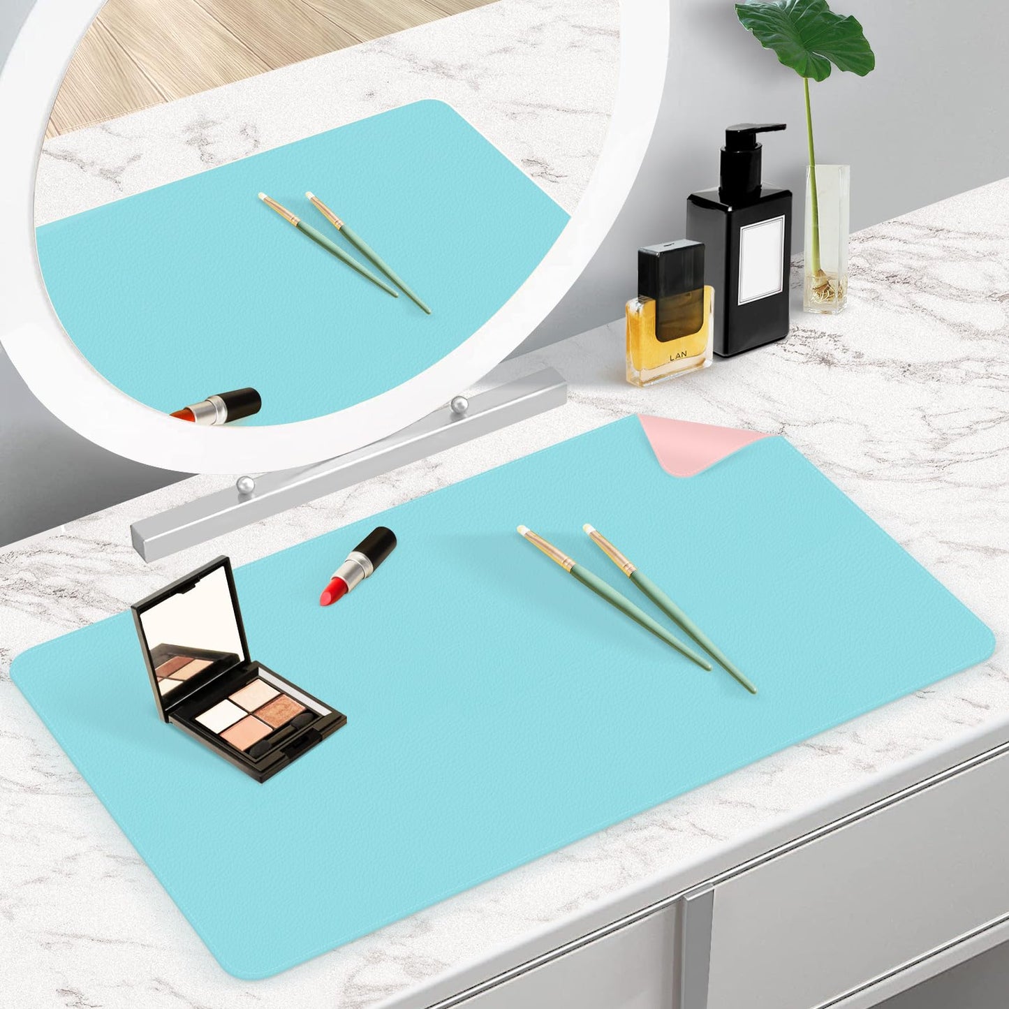 TOHONFOO Makeup Mat for Vanity to Protect Vanity Desk Top, Dual-Sided Vanity Mat, Easy to Clean Vanity Desk Mat - Vanity Makeup Pads Waterproof and Oilproof, 23.6 x 11.8 in(Blue and Pink)