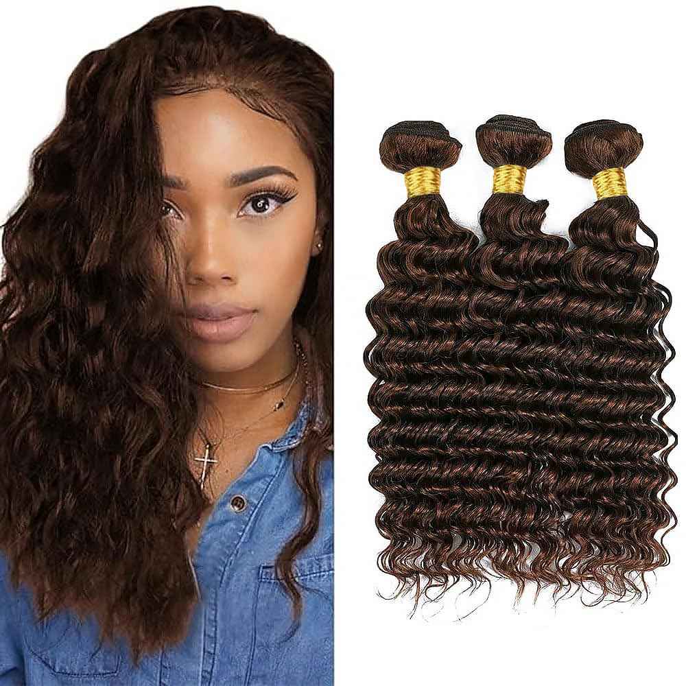 Deep Wave Human Hair Bundles 14 16 18 Inch #4 Chocolate Brown Bundles Human Hair 12A Unprocessed Native Virgin Hair 100/PC 3 Extensions Wet and Wavy Weave for Women