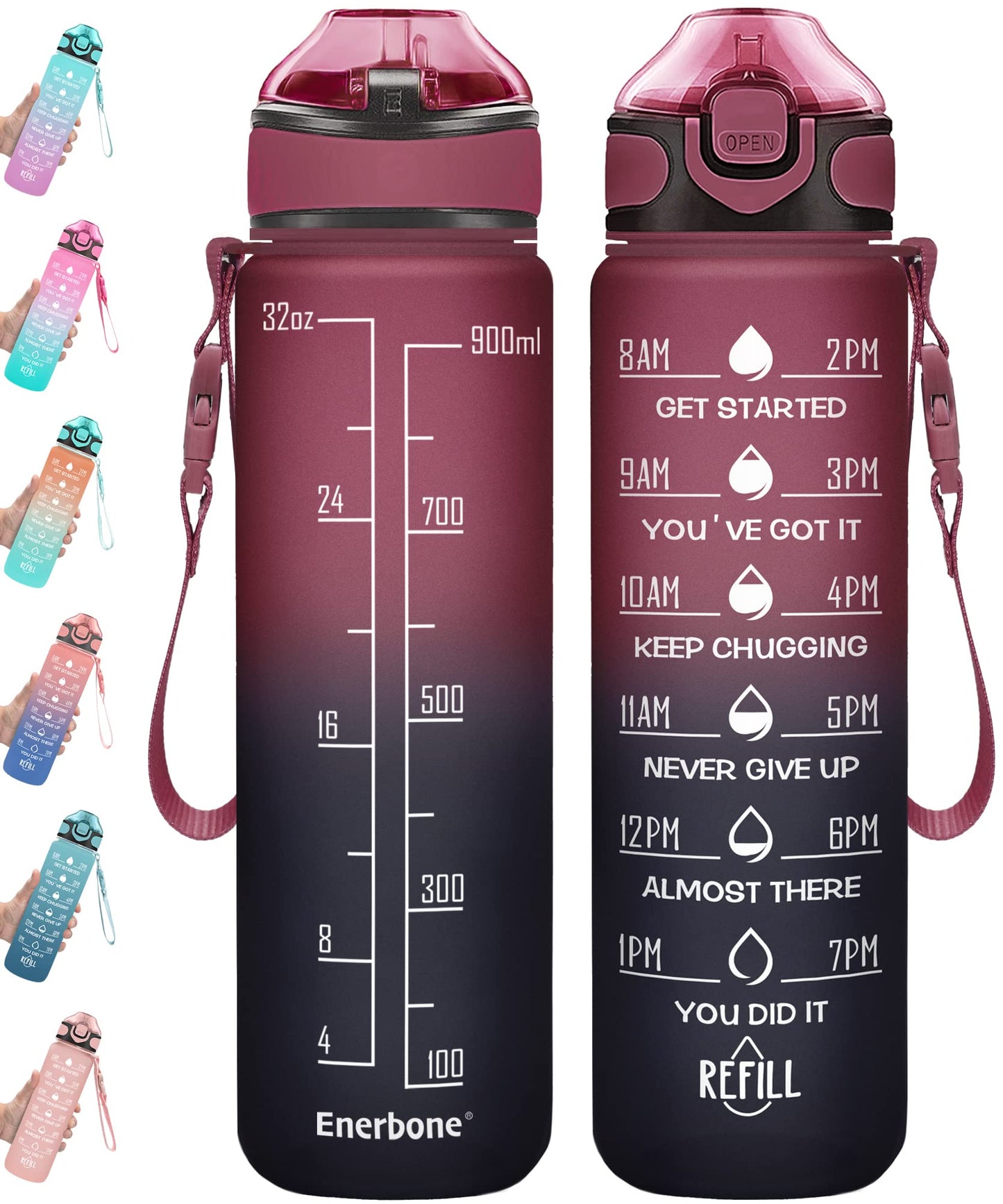 Enerbone 32 oz Drinking Water Bottle with Times to Drink and Straw, Motivational with Carrying Strap, Leakproof BPA & Toxic Free, Ensure You Drink Enough Water for Fitness Gym Outdoor