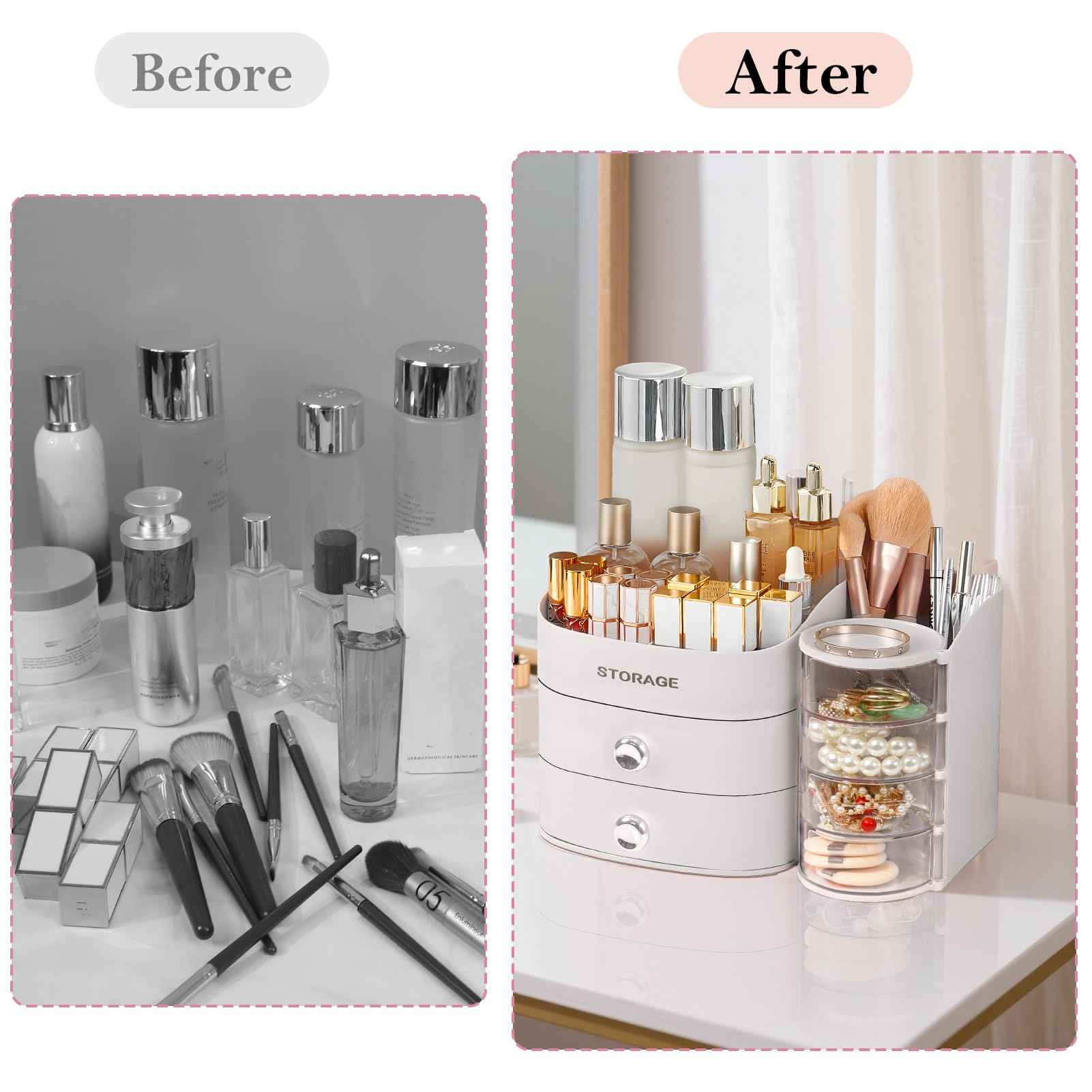 Makeup Organizer Countertop with Drawers, Make up Organizers for Vanity, Skincare Jewelry Earring Organizers, Cosmetic Display Cases Makeup Storage for Bedroom & Bathroom, Ideal Gifts for Women(White)