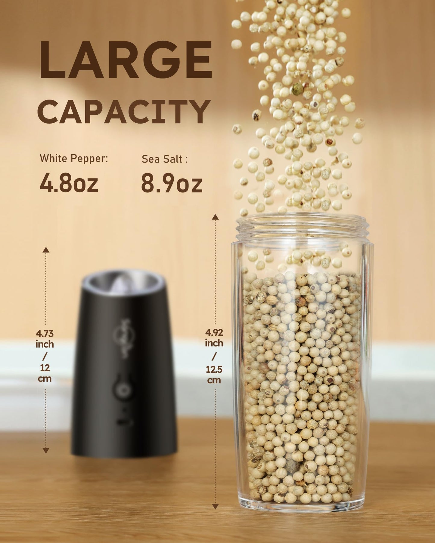 Sangcon Gravity Electric Salt and Pepper Grinder Set Shakers - UPGRADED RECHARGEABLE 9OZ XL Capacity USB-C No Battery Needed - LED Light One Hand Operation, Adjustable Coarseness Automatic Mill Set