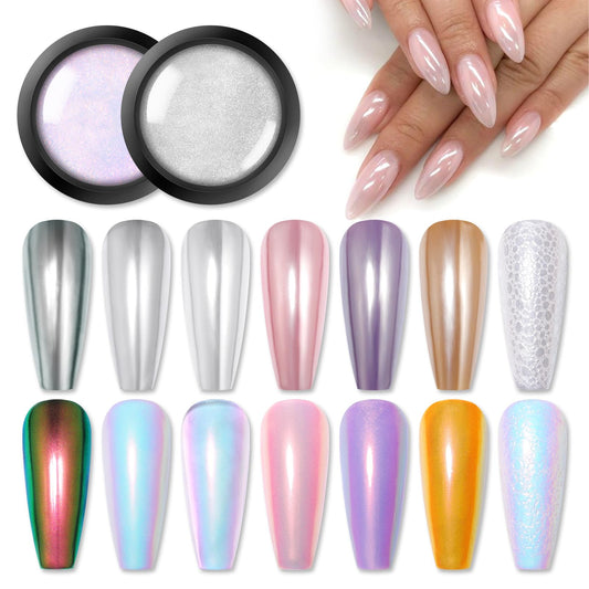 BORN PRETTY Chrome Powder Metallic Mirror Auroras Mermaid Pearl Pigment Powder Manicure Nail Art Decoration Sets 2 Boxes