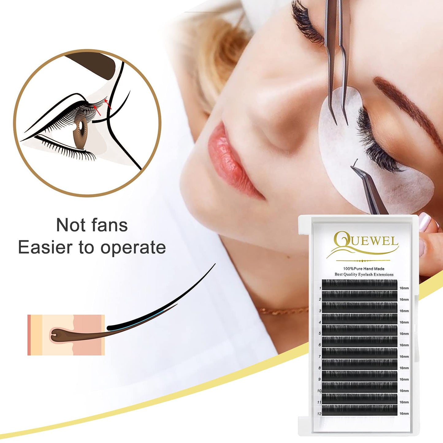 QUEWEL Eyelash Extension Supplies 0.15 C Curl 16mm Classic Individual Lash Extensions|Optinal 0.03/0.05/0.07/0.10/0.15/0.20 C/D Single 8-25mm Mix 8-14mm 15-20mm 20-25mm|(0.15 C 16mm)