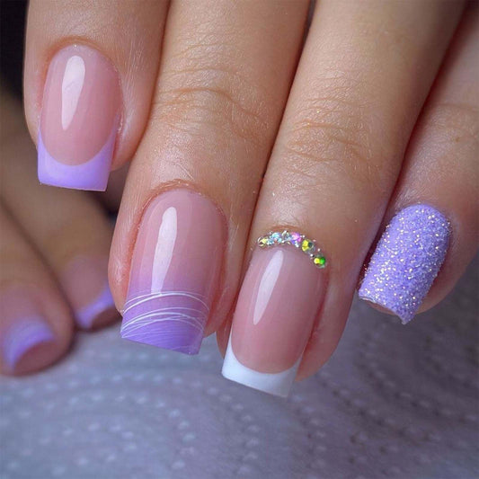 Purple Press on Nails Medium Square Fake Nails French Tip with Glitter Design Rhinestone Glue on Nails Glossy Full Cover Artificial Acrylic Stick on Nails for Women Girls Manicure 24Pcs