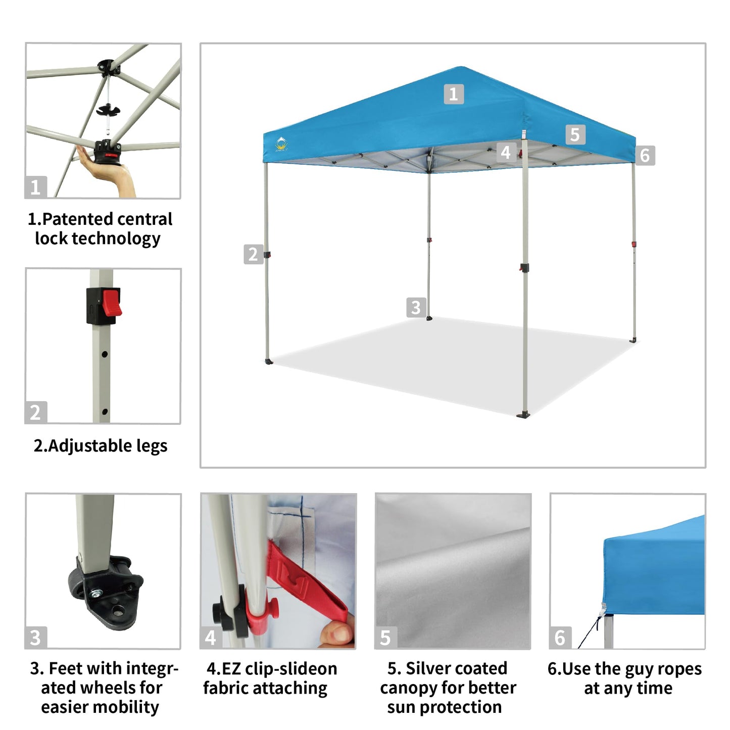 CROWN SHADES 8x8 Pop Up Canopy, Patented Center Lock One Push Instant Popup Outdoor Canopy Tent, Newly Designed Storage Bag, 8 Stakes, 4 Ropes, Silver-Coated Sky Blue