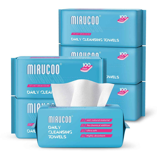 Mirucoo 100 Sheet Daily Cleansing Towels Ultra Soft Dry Wipes for Sensitive Skin Disposable Facial Washcloths 100% Organic Viscose (Pack of 6)