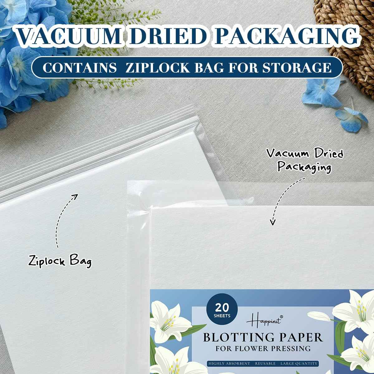 Happinit 20 Sheets A4 Size Blotting Paper for Flower Press, Large Blotter Paper for Flower Press, Herbarium Paper Craft, Flower Press Paper, Working with Flower Pressing Kit for Adults (20), 20 white
